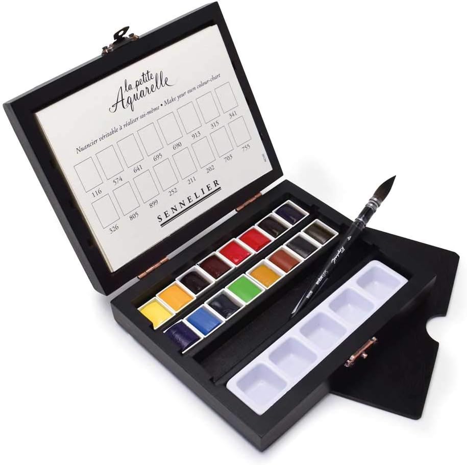 Sennelier BLACK BOX SET - 16 STUDENT 1/2 pans w/cols + BRUSH