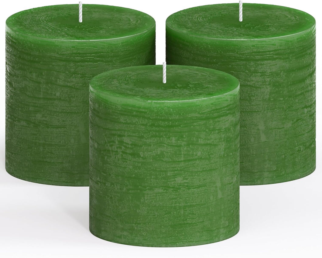 CANDWAX 3 inch Pillar Candles Set of 3 - Fully Colored, No Drip and Unscented Candles - Large Candles for Home Interior - Grass Green Candles