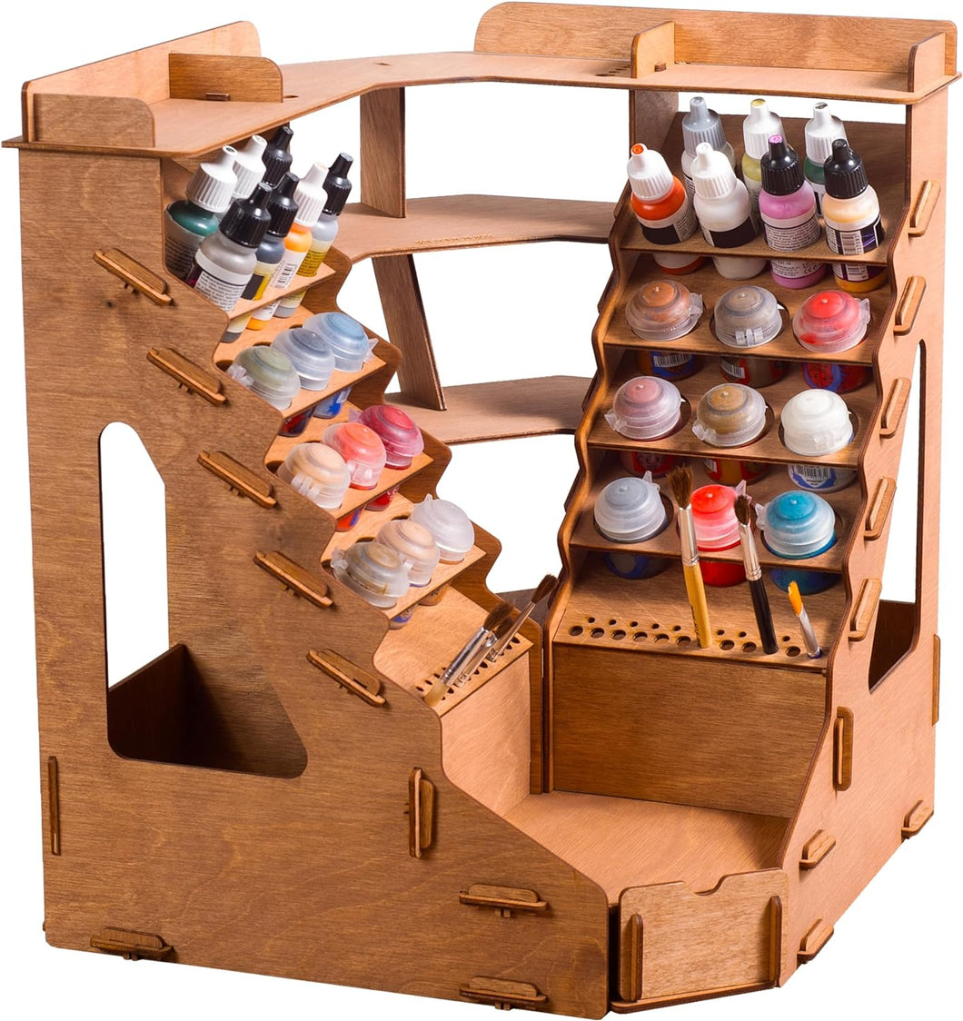 Plydolex Wooden Corner Paint Organizer for 32 Bottles of Paints & 46 Paint Brushes
