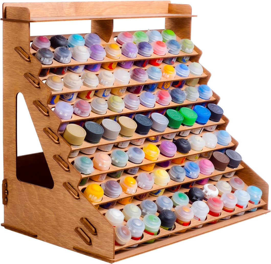 Plydolex Wooden Paint Organizer for 87 Paint Bottles and 14 Brushes - Paint Brush Holder With 6 Miniature Stands and Top Shelf - Convenient Paint Rack for Miniature Paint Set