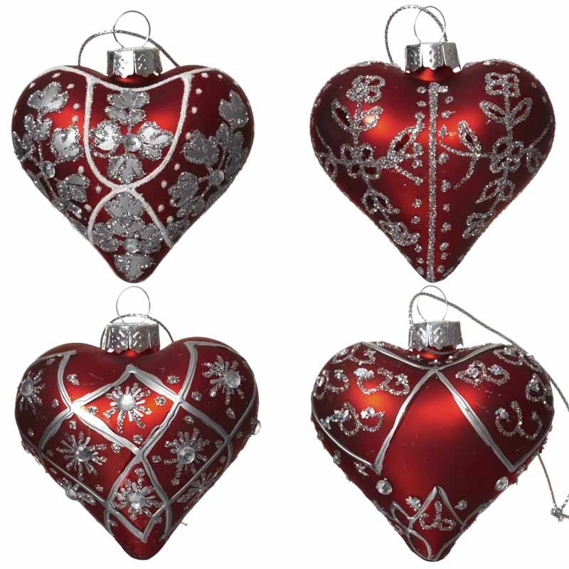 RED & SILVER GLASS HEART BAUBLES SET