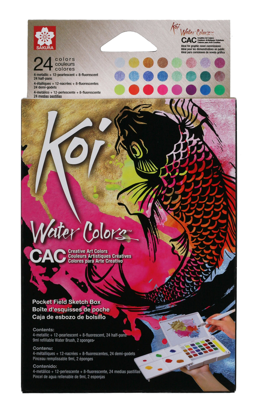 Sakura (XNCW24MPN) KOI WATER COLORS POCKET FIELD SKETCH BOX, 24 COLOURS INCL METALIC NEW