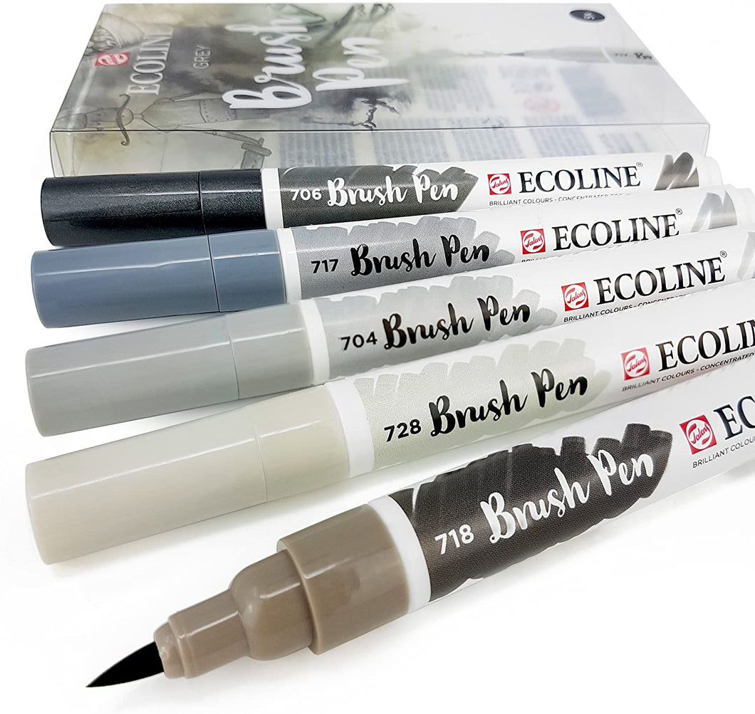 Royal Talens - Ecoline Liquid Watercolour Drawing Painting Brush Pens - Set of 5 in Plastic Wallet - Grey